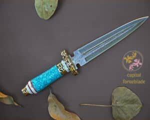 Handmade Damascus Steel Dagger Hunting Knife with Blue Color Resin Handle