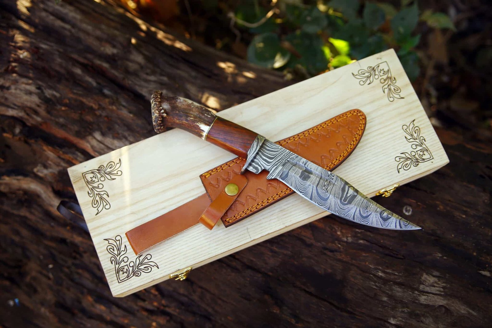 Damascus Knife with Wooden Box