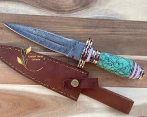 Green Handle Damascus Dagger Knife with Sheath