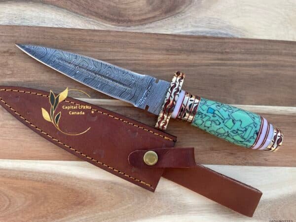 Green Handle Damascus Dagger Knife with Sheath